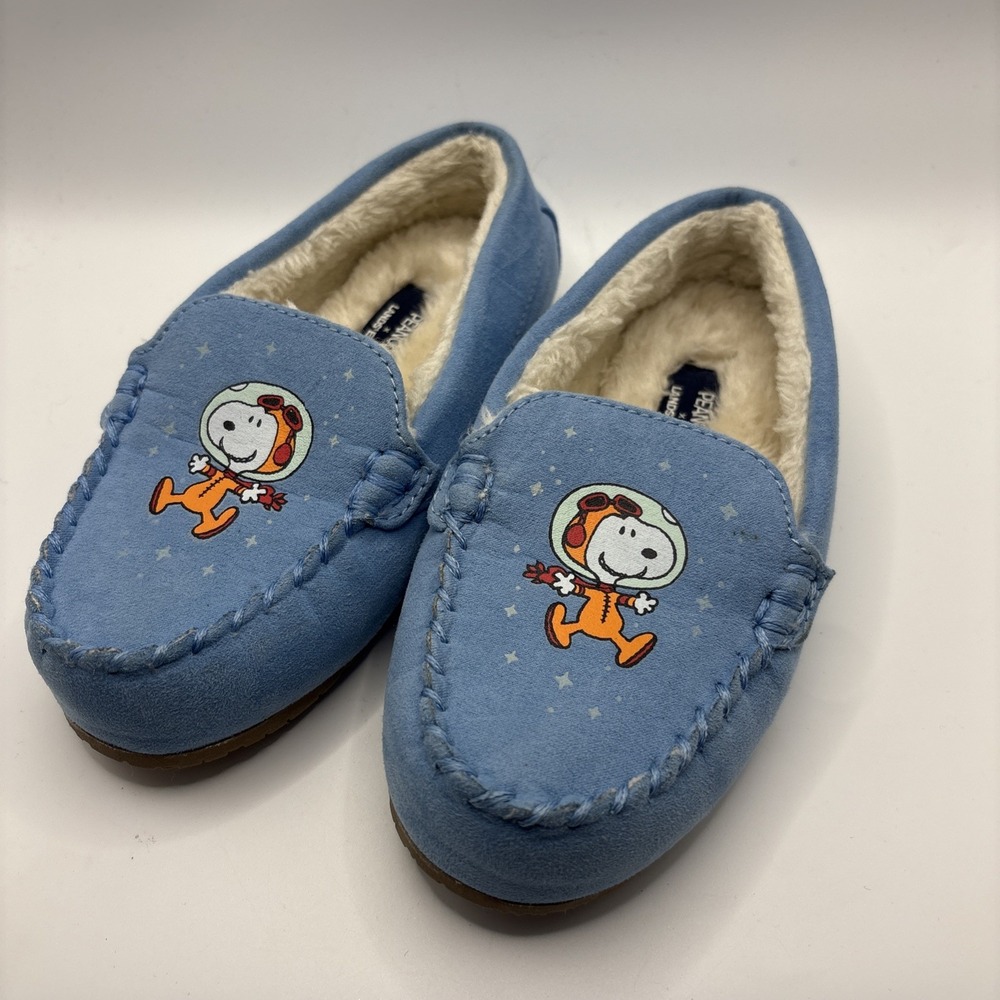 Lands' End Slippers Youth 12 Blue Peanuts Snoopy Woodstock Fur Glow In The‎ Dark